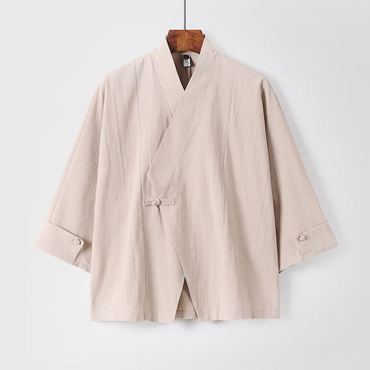 Buddha Stones, prosta, jednorzędowa chińska kurtka z żabą, bawełniano-lniane, męska, kimono z krótkim rękawem - Beżowy - US/UK/AU54， EU64 (9XL) - image 11