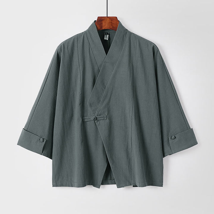 Buddha Stones, prosta, jednorzędowa chińska kurtka z żabą, bawełniano-lniane, męska, kimono z krótkim rękawem - CadetBlue - US/UK/AU54， EU64 (9XL) - image 1