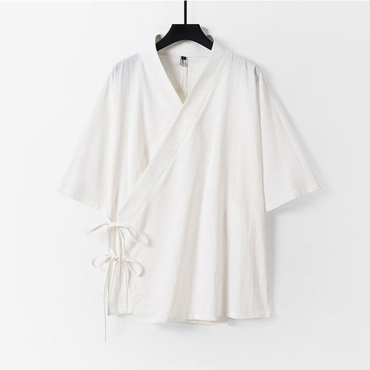 Buddha Stones Gładkie, sznurowane męskie kimono z bawełny i lnu, z rękawami o długości trzech czwartych - Biały - US/UK/AU54， EU64 (9XL) - image 11
