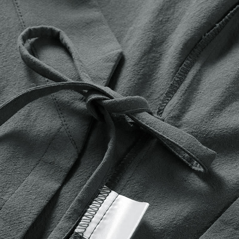 Buddha Stones Gładkie, sznurowane męskie kimono z bawełny i lnu, z rękawami o długości trzech czwartych - image 3