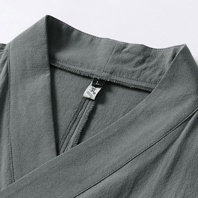 Buddha Stones Gładkie, sznurowane męskie kimono z bawełny i lnu, z rękawami o długości trzech czwartych - image 2