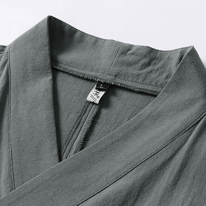 Buddha Stones Gładkie, sznurowane męskie kimono z bawełny i lnu, z rękawami o długości trzech czwartych - image 2