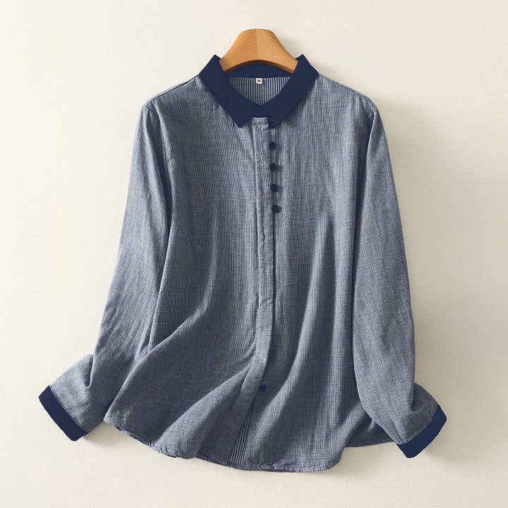 Koszula damska z długim rękawem w kolorze niebieskim w paski z blokami kolorów i stójką z Buddha Stones - LightSteelBlue - US8-10，UK/AU12-14，EU40-42 (2XL) - image 0