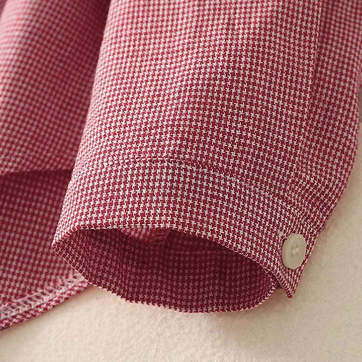 Koszula damska z długim rękawem z haftem w kratę z motywem kamieni Buddha Stones, ze stójką i guzikami - image 12