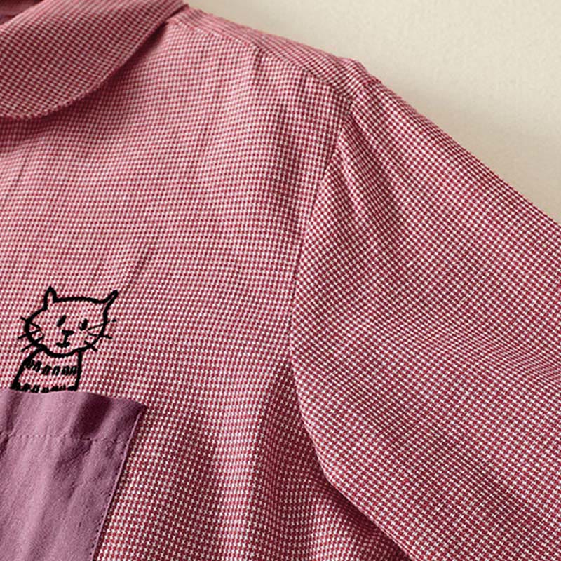 Koszula damska z długim rękawem z haftem w kratę z motywem kamieni Buddha Stones, ze stójką i guzikami - image 8