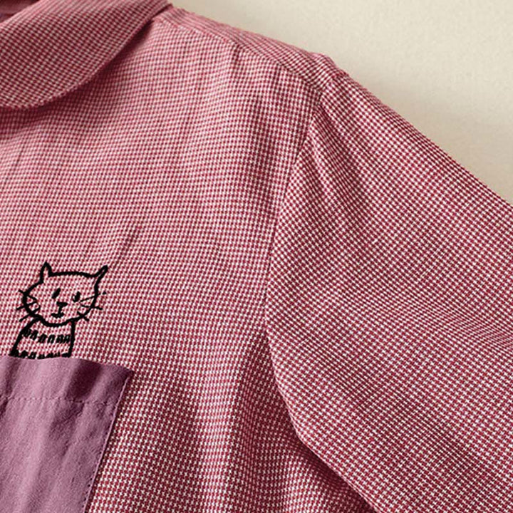 Koszula damska z długim rękawem z haftem w kratę z motywem kamieni Buddha Stones, ze stójką i guzikami - image 8