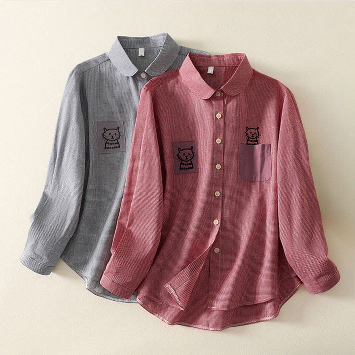 Koszula damska z długim rękawem z haftem w kratę z motywem kamieni Buddha Stones, ze stójką i guzikami - image 16