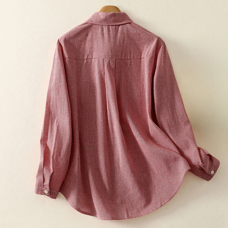 Koszula damska z długim rękawem z haftem w kratę z motywem kamieni Buddha Stones, ze stójką i guzikami - image 6