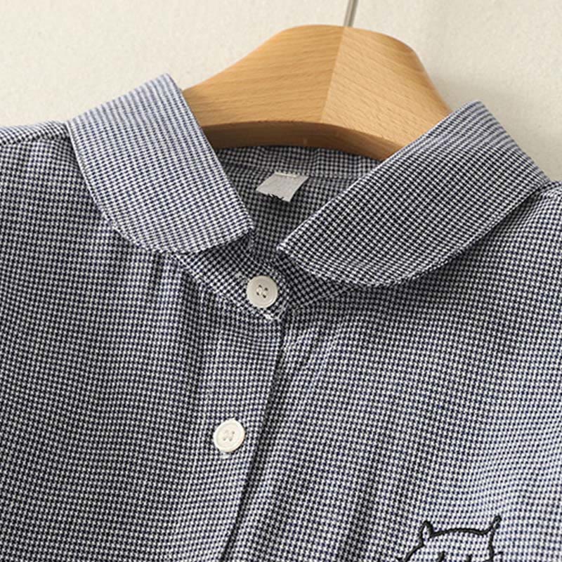 Koszula damska z długim rękawem z haftem w kratę z motywem kamieni Buddha Stones, ze stójką i guzikami - image 1