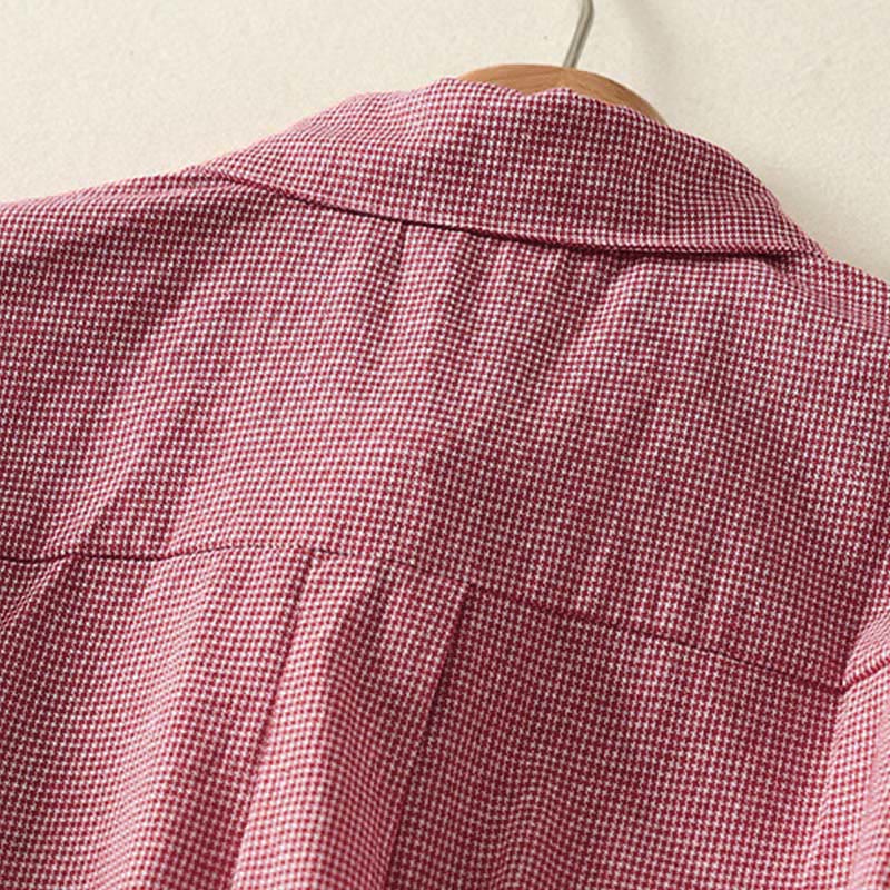 Koszula damska z długim rękawem z haftem w kratę z motywem kamieni Buddha Stones, ze stójką i guzikami - image 9