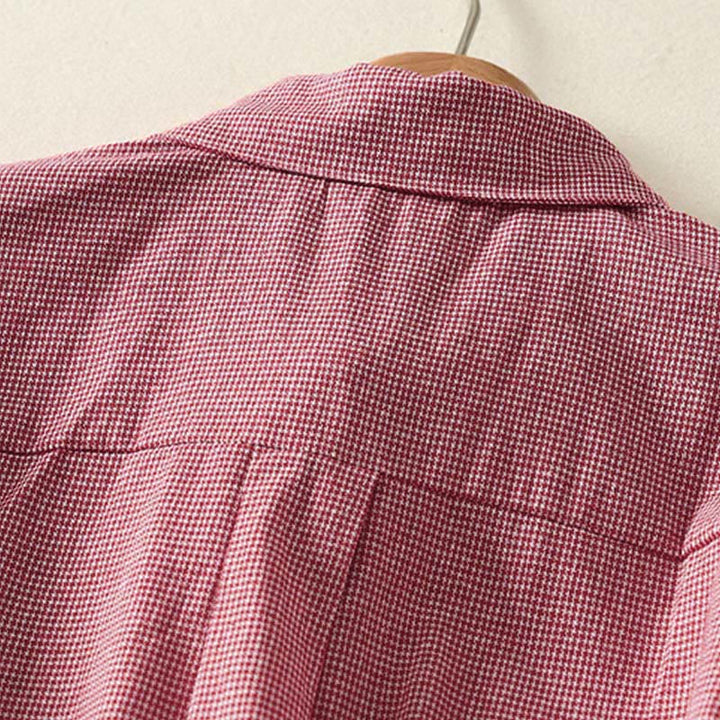 Koszula damska z długim rękawem z haftem w kratę z motywem kamieni Buddha Stones, ze stójką i guzikami - image 9