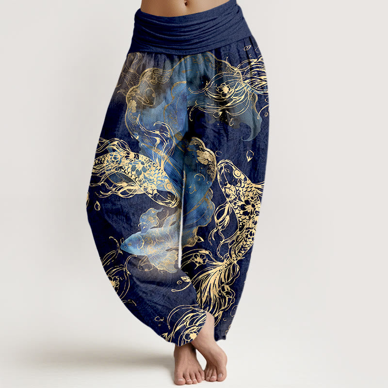 Spodnie haremowe damskie z elastycznej talii z motywem rybki Koi i kamieniami Buddha Stones z czystej bawełny - Ciemnoniebieski - US16, UK/AU20, EU48 (3XL) - image 0