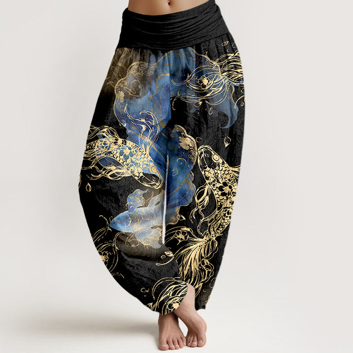 Spodnie haremowe damskie z elastycznej talii z motywem rybki Koi i kamieniami Buddha Stones z czystej bawełny - Czarny - US16, UK/AU20, EU48 (3XL) - image 5