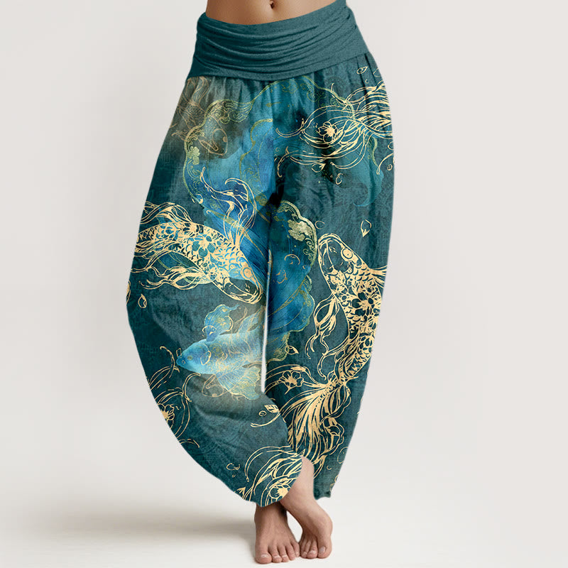 Spodnie haremowe damskie z elastycznej talii z motywem rybki Koi i kamieniami Buddha Stones z czystej bawełny - Cyraneczka - US16, UK/AU20, EU48 (3XL) - image 8