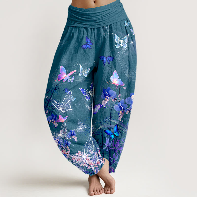 Buddha Stones Czysta bawełna Oniryczny motyl Kwiat Trawa Bambus Wzór Damskie spodnie haremowe z elastyczną talią - Cyraneczka - US16, UK/AU20, EU48 (3XL) - image 5