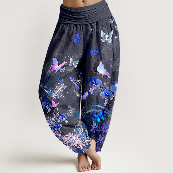 Buddha Stones Czysta bawełna Oniryczny motyl Kwiat Trawa Bambus Wzór Damskie spodnie haremowe z elastyczną talią - Szary - US16, UK/AU20, EU48 (3XL) - image 8
