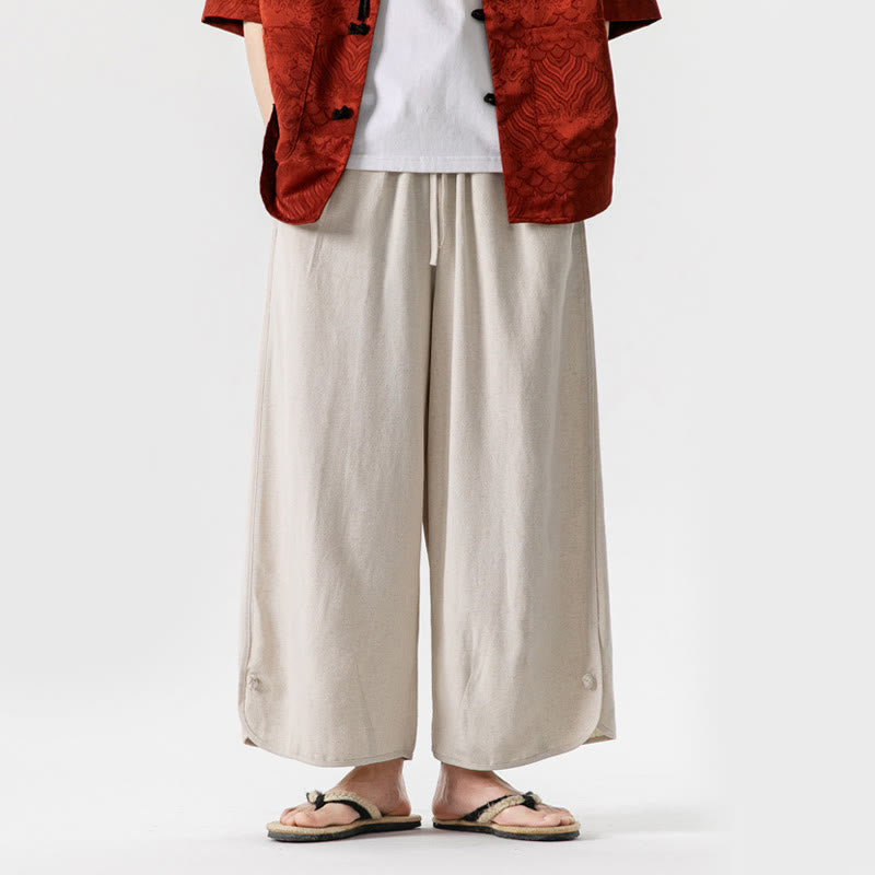 Letnie spodnie męskie z lnianej bawełny i ściągaczem w kolorze "Buddha Stones" z kieszeniami i gładkim wzorem i sznurkiem - Beżowy - US/UK/AU46， EU56 (5XL) - image 1