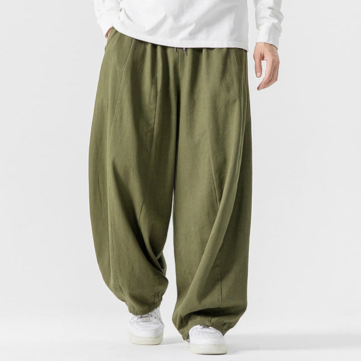 Męskie spodnie haremowe z kieszeniami i bawełnianą elastyczną talią w jednolitym kolorze z Buddha Stones - Oliwkowy - US/UK/AU46， EU56 (5XL) - image 0