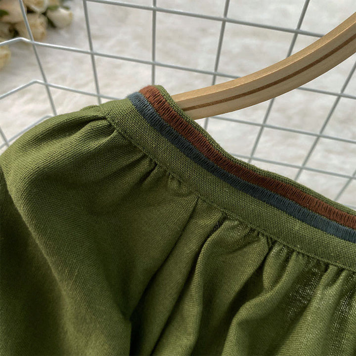 Koszulka damska z bawełny i lnu z okrągłym dekoltem i haftowanym motywem kwiatów i liści, z motywem Buddha Stones  - image 9