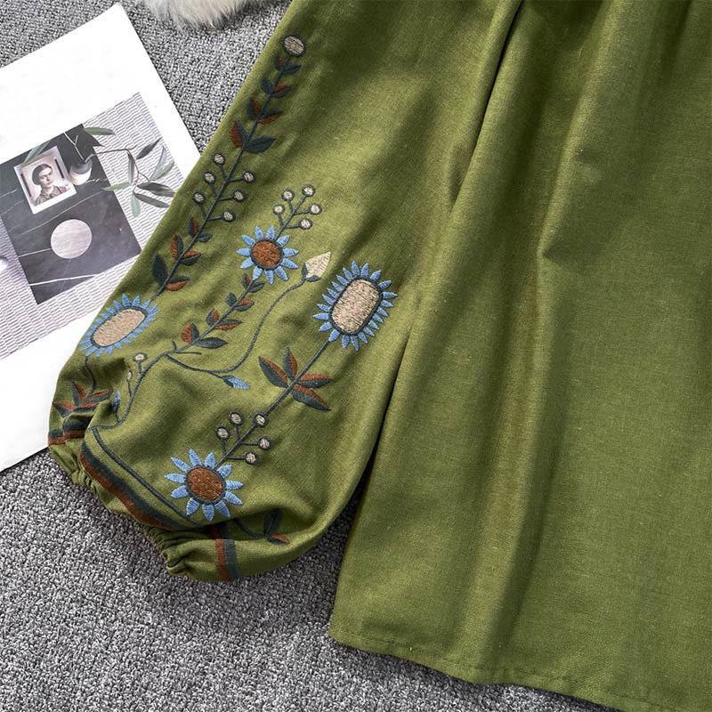 Koszulka damska z bawełny i lnu z okrągłym dekoltem i haftowanym motywem kwiatów i liści, z motywem Buddha Stones  - image 8