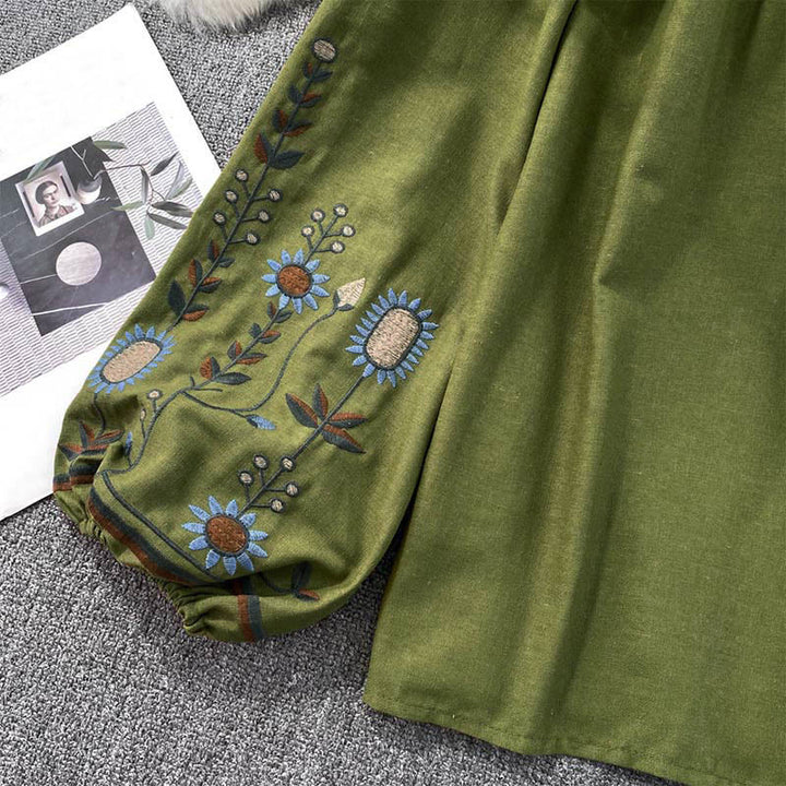 Koszulka damska z bawełny i lnu z okrągłym dekoltem i haftowanym motywem kwiatów i liści, z motywem Buddha Stones  - image 8