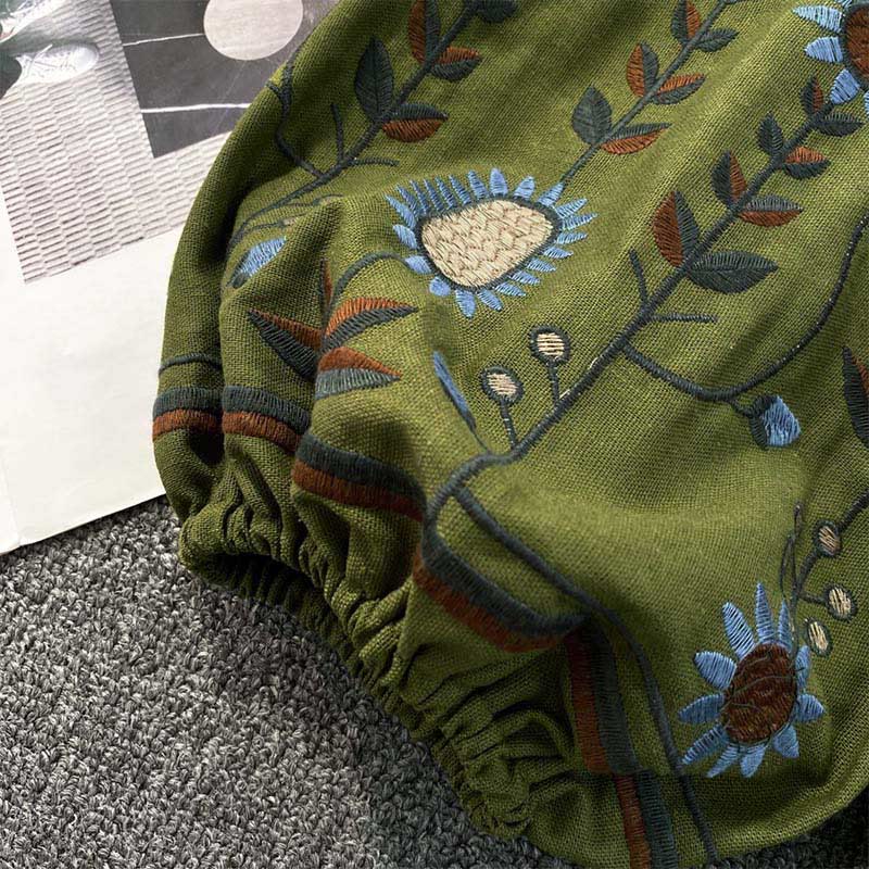 Koszulka damska z bawełny i lnu z okrągłym dekoltem i haftowanym motywem kwiatów i liści, z motywem Buddha Stones  - image 6