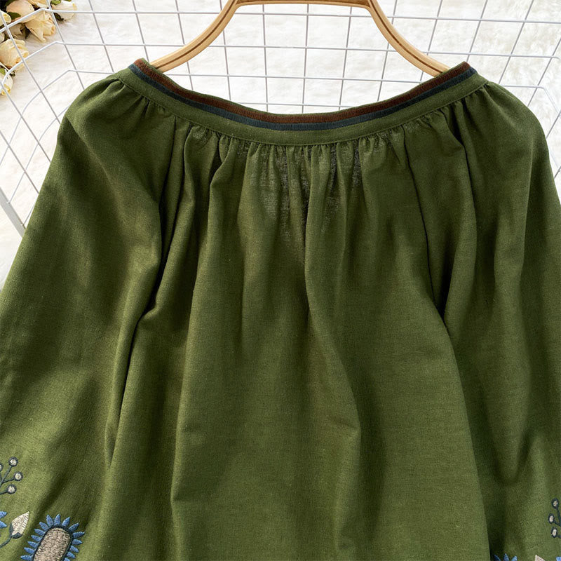 Koszulka damska z bawełny i lnu z okrągłym dekoltem i haftowanym motywem kwiatów i liści, z motywem Buddha Stones  - image 10