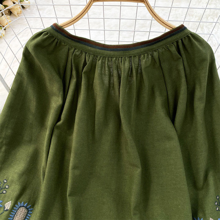 Koszulka damska z bawełny i lnu z okrągłym dekoltem i haftowanym motywem kwiatów i liści, z motywem Buddha Stones  - image 10