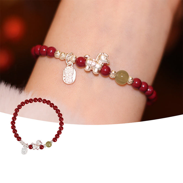 Bransoletka z Buddha Stones z roku konia, cynobrowym jadeitem hetian, 999 srebro próby 925, czerwony sznurek, koncentracja - image 2