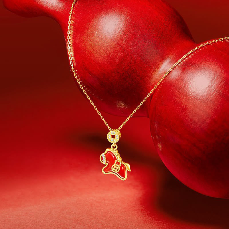 Buddha Stones Rok Konia Moneta miedziana Srebro próby 925 Naszyjnik z czerwonym agatem Wisiorki z błogosławieństwem - Srebro próby 925, czerwony agat, koń - image 0