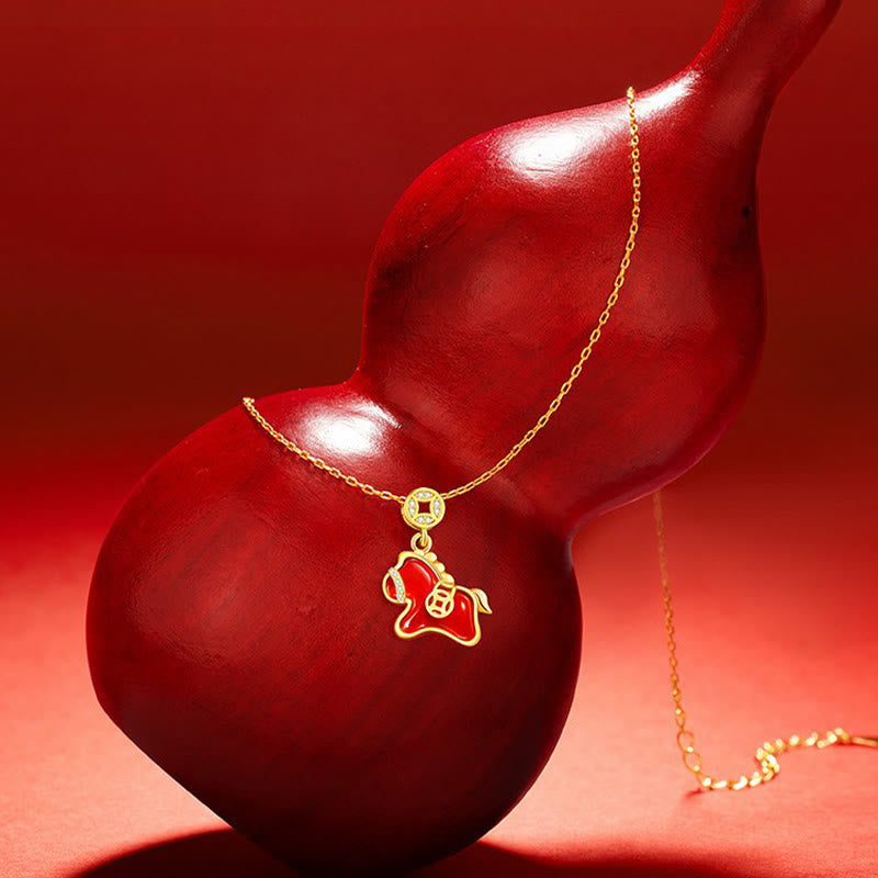 Buddha Stones Rok Konia Moneta miedziana Srebro próby 925 Naszyjnik z czerwonym agatem Wisiorki z błogosławieństwem - image 1