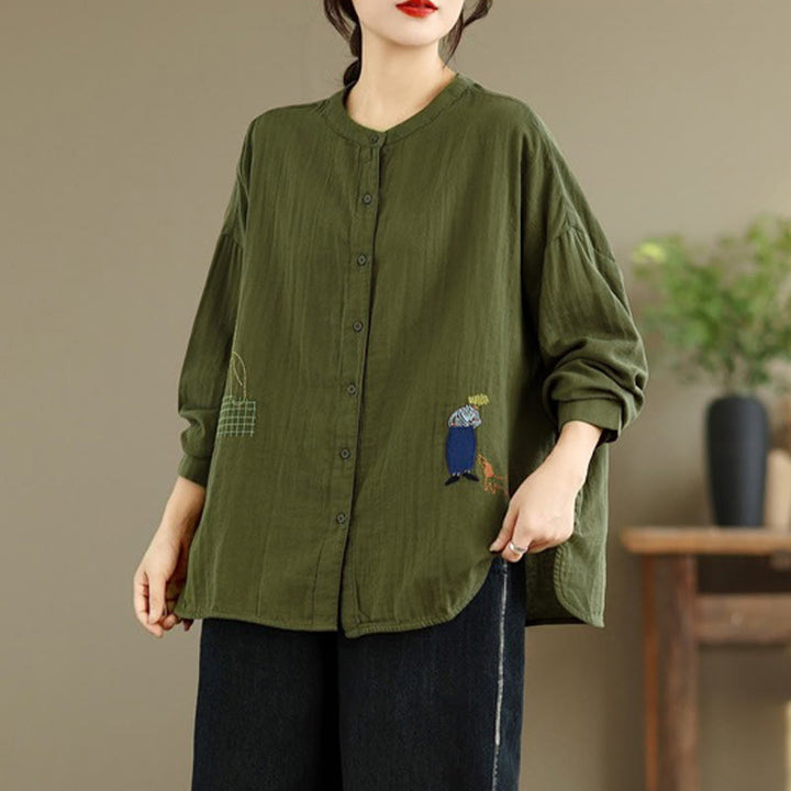 Koszula damska z długim rękawem i okrągłym dekoltem, haftem z motywem psa i Buddha Stones - DarkOliveGreen - US14, UK/AU18, EU46 (2XL) - image 19