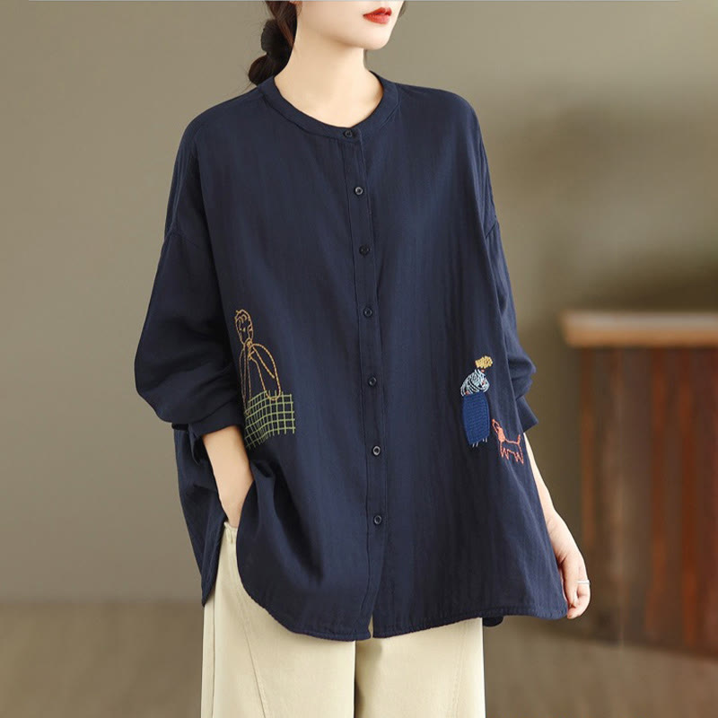 Koszula damska z długim rękawem i okrągłym dekoltem, haftem z motywem psa i Buddha Stones - image 1