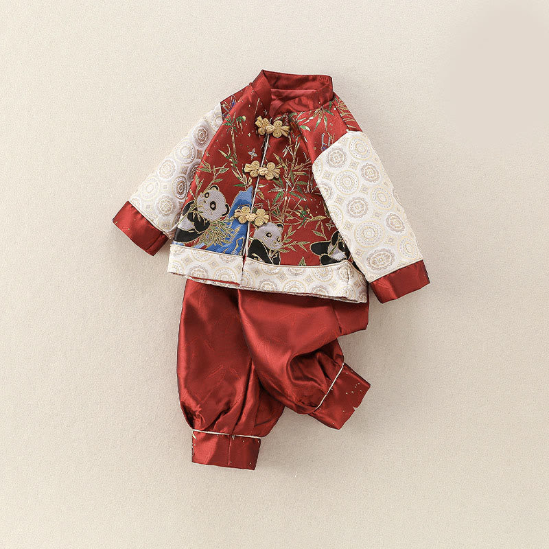 Buddha Stones 2 szt. Zimowy, uroczy wzór pandy z bambusa, chłopięcy strój z długim rękawem i elastycznym pasem, spodnie - image 1