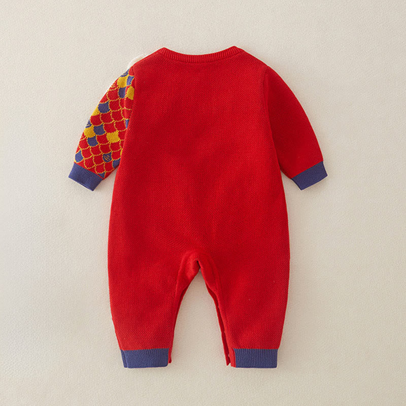 Buddha Stones Jesień Zima Czerwony Smok Wzór Niemowlę Chłopięcy Dziewczynek Bawełniany Długi Rękaw Dzianinowy Jednoczęściowy Kombinezon - image 1