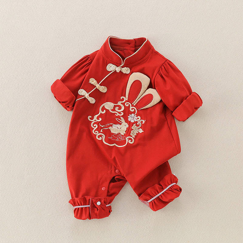 Buddha Stones Wiosna Jesień Czerwony Królik Wzór Dziewczynki Bawełniany Długi Rękaw Jednoczęściowy kombinezon - image 1