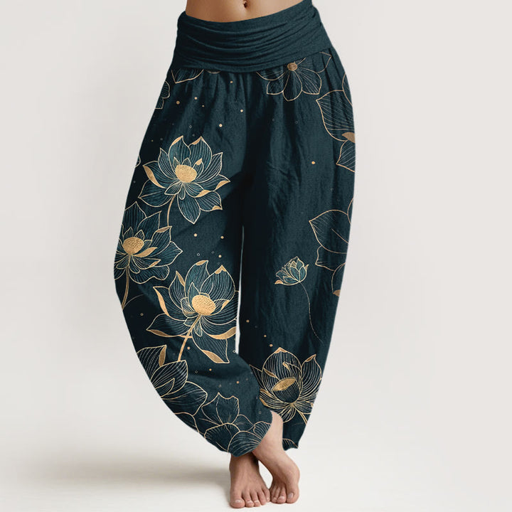 Spodnie haremki damskie z elastyczną talią i delikatnym wzorem lotosu z czystej bawełny z Buddha Stones - Ciemnozielony - US16, UK/AU20, EU48 (3XL) - image 0