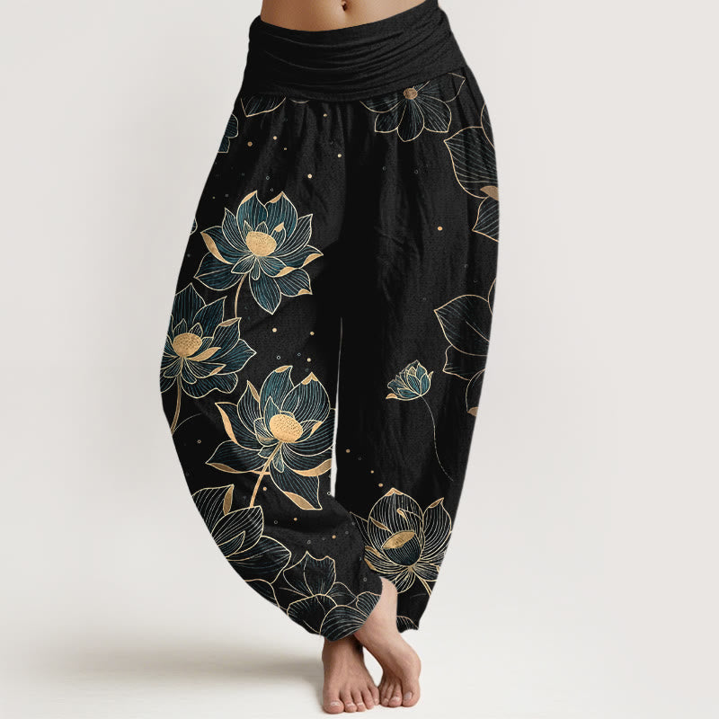 Spodnie haremki damskie z elastyczną talią i delikatnym wzorem lotosu z czystej bawełny z Buddha Stones - Czarny - US16, UK/AU20, EU48 (3XL) - image 5