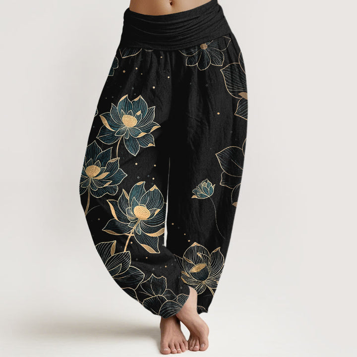 Spodnie haremki damskie z elastyczną talią i delikatnym wzorem lotosu z czystej bawełny z Buddha Stones - Czarny - US16, UK/AU20, EU48 (3XL) - image 5