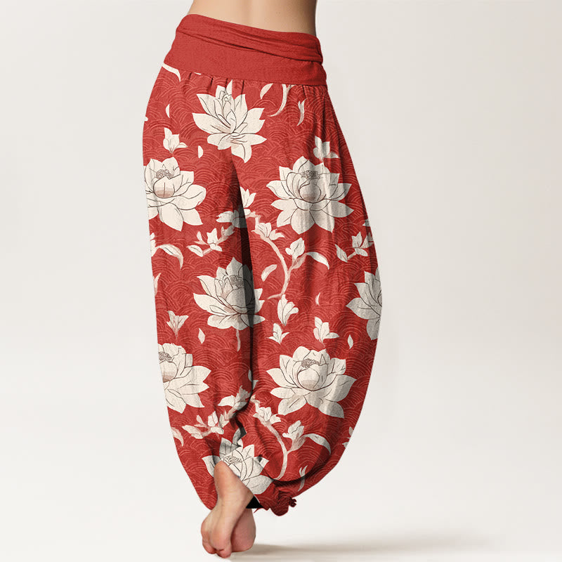 Spodnie haremki damskie z elastyczną talią i beżową bawełną w Buddha Stones w kolorze beżowym z motywem lotosu - image 1