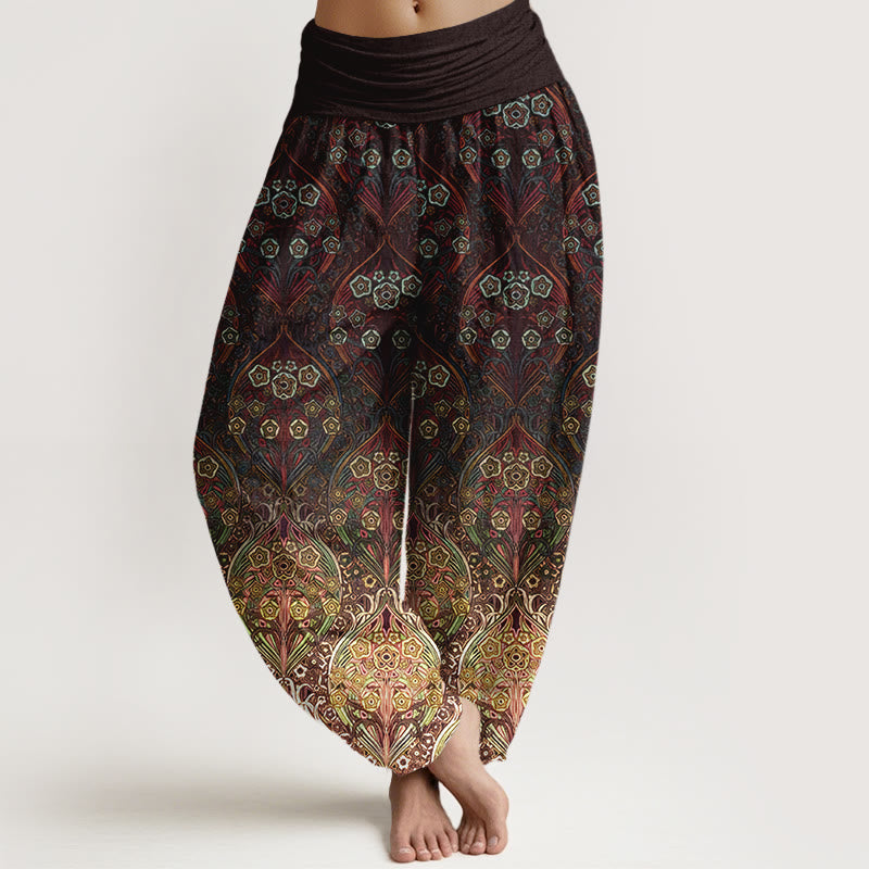 Buddha Stones Damskie spodnie typu haremki z elastyczną talią, wykonane z czystej bawełny, z retro wzorem w kwiaty - SaddleBrown - US16, UK/AU20, EU48 (3XL) - image 0