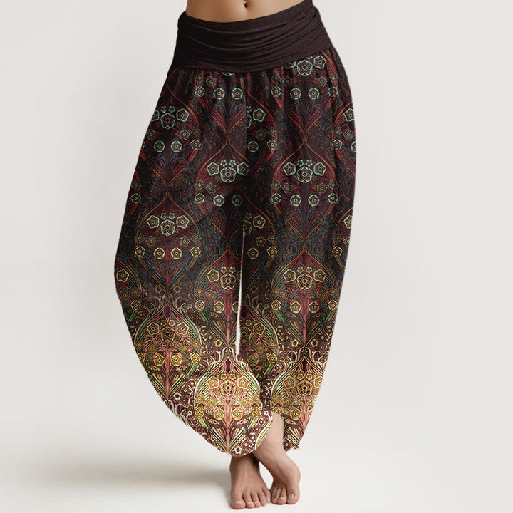 Buddha Stones Damskie spodnie typu haremki z elastyczną talią, wykonane z czystej bawełny, z retro wzorem w kwiaty - SaddleBrown - US16, UK/AU20, EU48 (3XL) - image 0