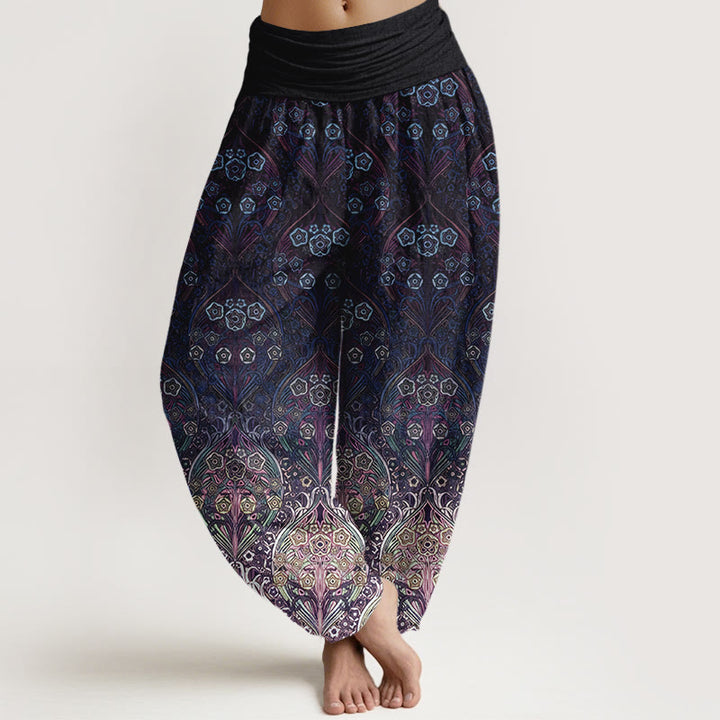 Buddha Stones Damskie spodnie typu haremki z elastyczną talią, wykonane z czystej bawełny, z retro wzorem w kwiaty - Indygo - US16, UK/AU20, EU48 (3XL) - image 5