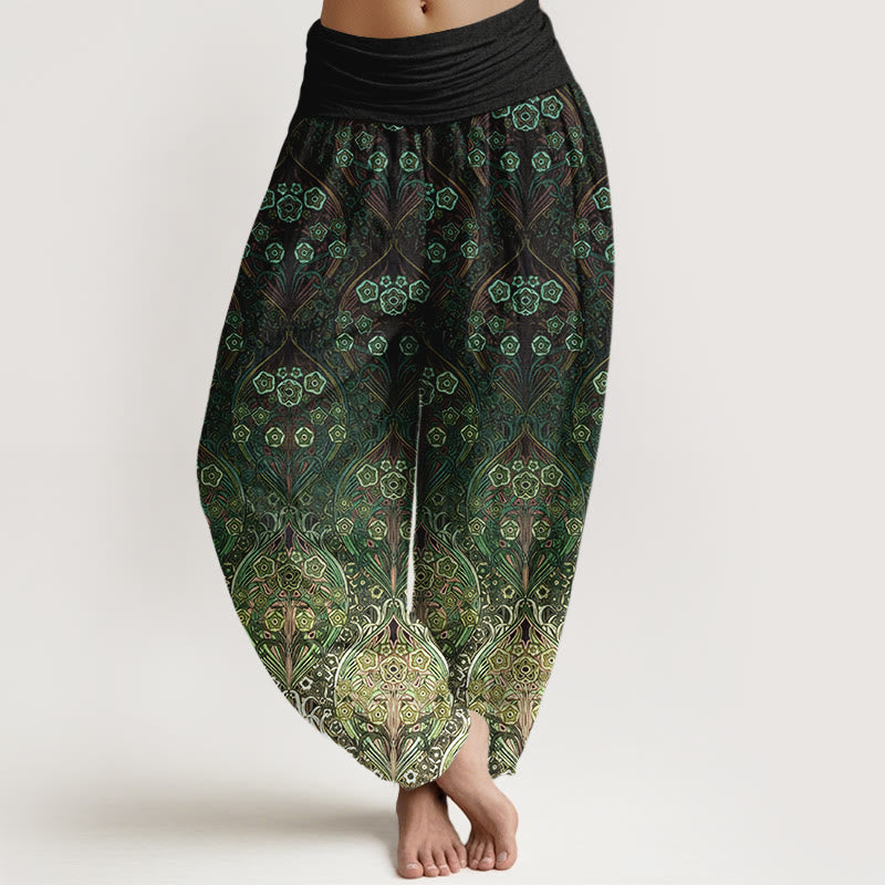 Buddha Stones Damskie spodnie typu haremki z elastyczną talią, wykonane z czystej bawełny, z retro wzorem w kwiaty - Ciemnozielony - US16, UK/AU20, EU48 (3XL) - image 8