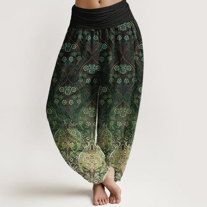 Buddha Stones Damskie spodnie typu haremki z elastyczną talią, wykonane z czystej bawełny, z retro wzorem w kwiaty - Ciemnozielony - US16, UK/AU20, EU48 (3XL) - image 8