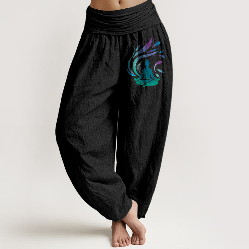 Buddha Stones, czysta bawełna, prosta kompozycja, wzór ludzkiej postaci, damskie spodnie haremowe z elastyczną talią - Czarny - US16, UK/AU20, EU48 (3XL) - image 5