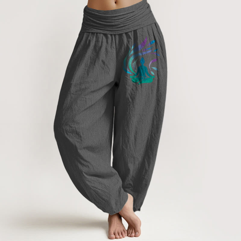 Buddha Stones, czysta bawełna, prosta kompozycja, wzór ludzkiej postaci, damskie spodnie haremowe z elastyczną talią - DimGray - US16, UK/AU20, EU48 (3XL) - image 11