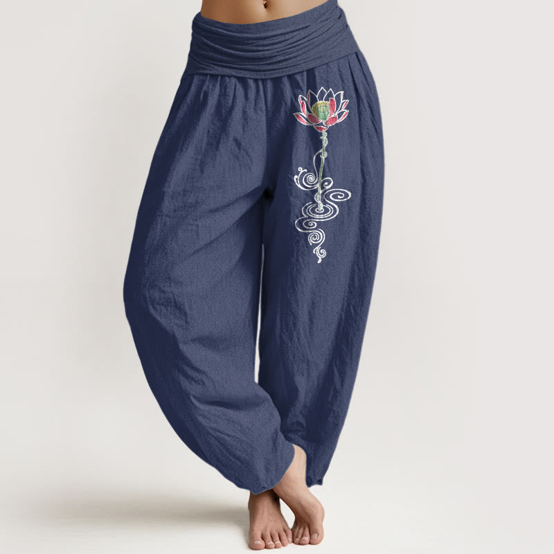 Spodnie haremki damskie z elastyczną talią i wzorem w kwiaty lotosu z czystej bawełny z Buddha Stones - DarkSlateBlue - US16, UK/AU20, EU48 (3XL) - image 0