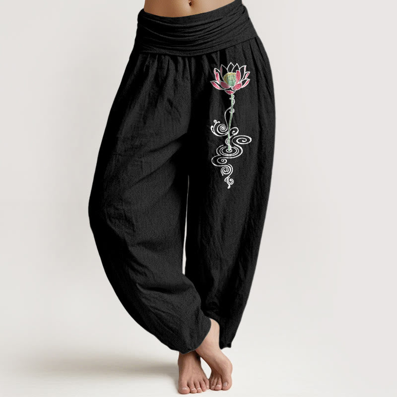 Spodnie haremki damskie z elastyczną talią i wzorem w kwiaty lotosu z czystej bawełny z Buddha Stones - Czarny - US16, UK/AU20, EU48 (3XL) - image 5