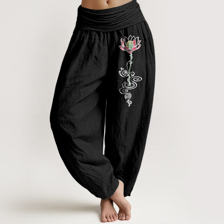 Spodnie haremki damskie z elastyczną talią i wzorem w kwiaty lotosu z czystej bawełny z Buddha Stones - Czarny - US16, UK/AU20, EU48 (3XL) - image 5